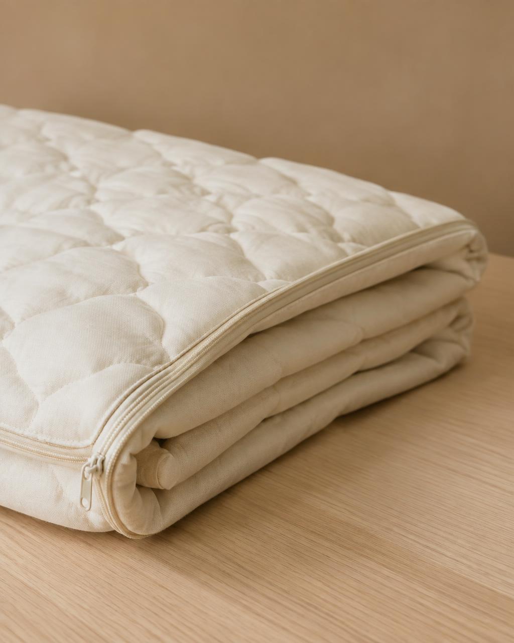 Folded quilted cream mattress cover with zip edge