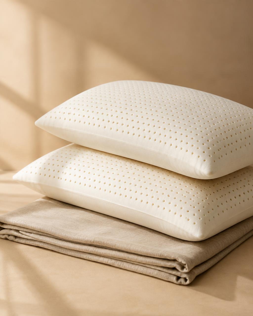 Two perforated natural latex pillows stacked on folded linen