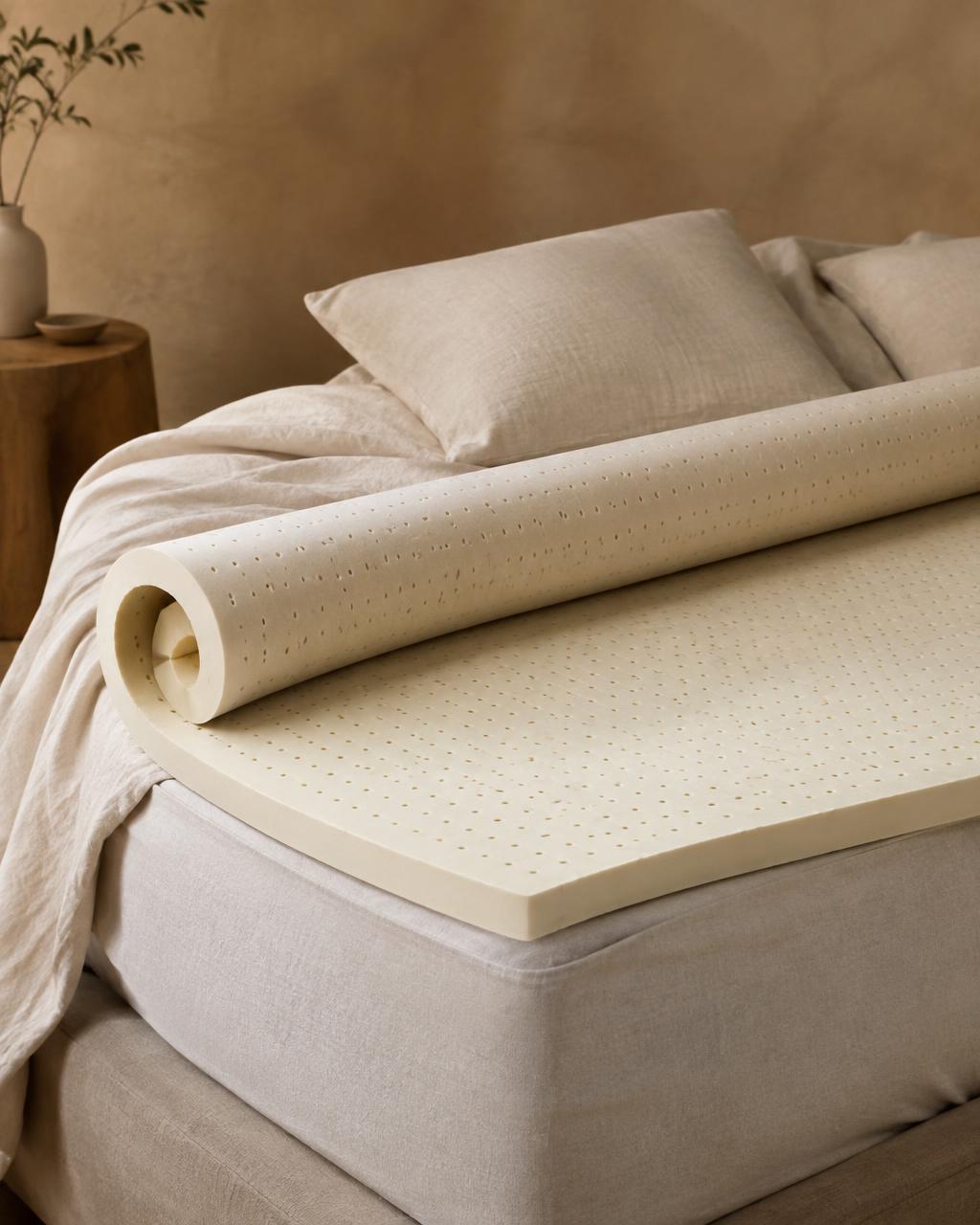 Natural latex mattress topper partly rolled on a linen-covered bed